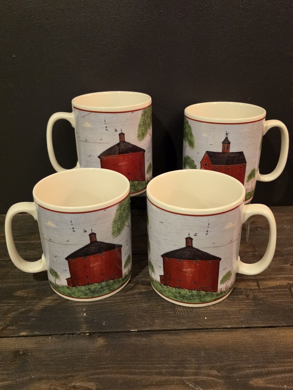 VTG 1998 Warren Kimble Sakura Barns Coffee Mugs Set of 2 Red Barn Folk Art Cup